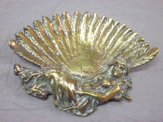 A brass dish in the form of a reclining lady with large fan 6 1/2"