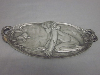 An Art Nouveau oval pewter twin handled tray, marked Niz,  11"  ILLUSTRATED