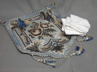 A Victorian beadwork upholstering banner and a collection of  fabrics