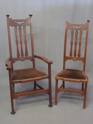 A set of 6 mahogany Art Nouveau stick and rail back dining  chairs, raised on square supports - 2 carvers, 4 standard