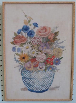 A tapestry picture, still life study of a vase of flowers 13" x 10"