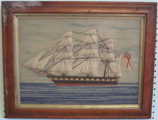 an 18th/19th Century stump work picture of a 3 masted Royal  Naval cutter 10" x 14", some damage and contained in a maple  frame