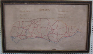 A stitchwork map, a study of The County of Sussex dated 1932  15" x 28"