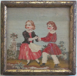 A Victorian Berlin woolwork panel of 2 dancing children 7" x 7"