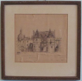 A stitchwork picture on silk - Dieppe monogrammed GH 5 1/2"  x 5" contained in an oak frame the reverse marked The Medici  Society