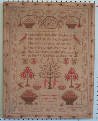 A 19th Century woolwork sampler with motto by Hannah  Simpson aged 11 years, 1893 17" x 13"