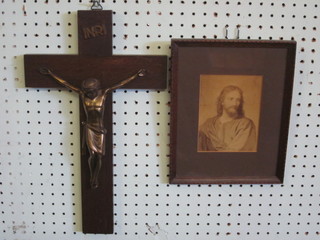 A spelter and oak crucifix 16" and a monochrome print of Christ