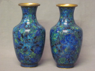 A pair of club shaped floral patterned cloisonne vases 9 1/2"