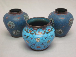 A blue ground cloisonne enamelled bowl 4" and a pair of vases  4"