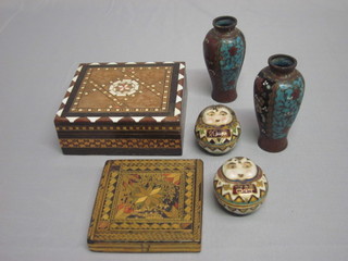 A straw work cigarette box, an Eastern inlaid box with hinged lid  5", a pair of cloisonne enamelled vases 3" and a pair of ditto jars  and covers decorated figures