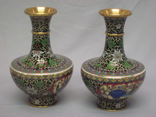A pair of Japanese cloisonne enamelled club shaped vases with floral decoration 6 1/2"