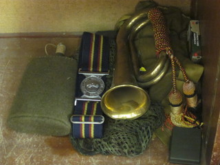 A reproduction brass bugle, a Reme Royal Electrical Mechanical Engineers stable belt, a water bottle etc