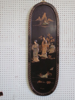 An oval lacquered panel depicting Geisha girls 36"