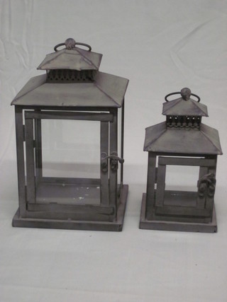 2 square metal framed and glass garden lanterns 6" and 4 1/2"