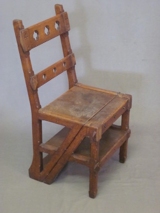 A pair of Victorian Gothic oak metamorphic library steps in the form of a ladder back chair