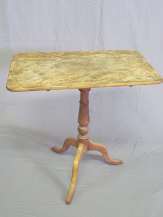 A Victorian rectangular bleached mahogany snap top wine table,  raised on pillar and tripod supports 29"