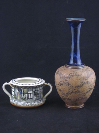 A Royal Doulton salt glazed club shaped vase 10" and a twin  handled Royal Doulton Old Moreton pattern twin handled sugar  bowl 5", missing lid,