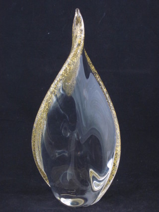 A clear glass sculpture with gold flecks to the side 9 1/2", signed  to the base