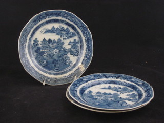 3 Oriental blue and white porcelain bowls decorated the Willow pattern, 1 chipped, 1 f and r, 6"