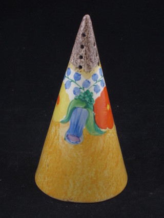 A Clarice Cliff yellow glazed sugar castor with floral decoration,  the base with black Clarice Cliff mark, 5 1/2", chip to base   ILLUSTRATED