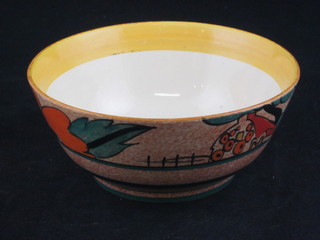 A Clarice Cliff circular Cafe-au-Lait pattern bowl decorated a landscape 7"
