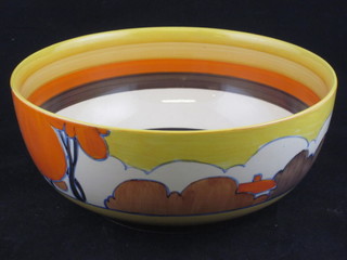 A Clarice Cliff circular bowl with landscape and stylised  decoration 9"  ILLUSTRATED