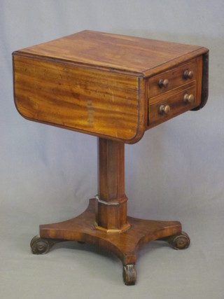 A William IV mahogany drop flap pedestal work table, fitted 1  long drawer, raised on a chamfered column with triform base,  20"  ILLUSTRATED