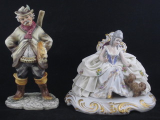 A Capo di Monte figure of a seated Crinoline lady 6" and 1 other  - The Game Keeper 8"