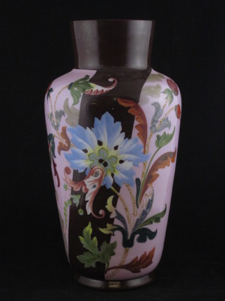 A Victorian opaque glass vase with floral painted decoration 14"