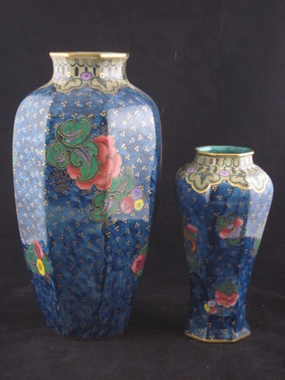 A Lotusware blue glazed octagonal vase 12" and 1 other 7"
