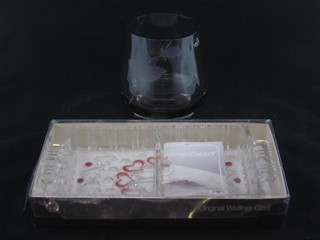 A brown etched glass vase, base marked C W Rose 5 1/2" and 2 Walthers glass twin section dishes
