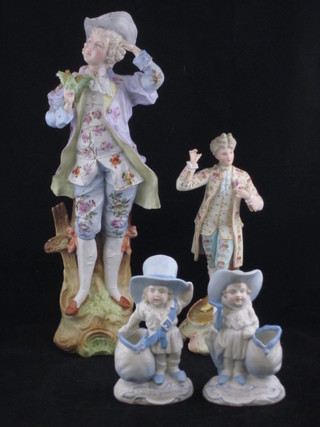 A 19th Century porcelain figure of a standing gentleman 14", f  and 4, a biscuit porcelain figure of a gentleman 9", f, and 2  porcelain spill vases marked Now I am Grand