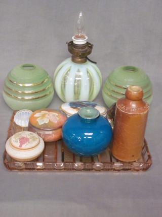 A Vaseline glass table lamp, a glass dressing table tray and an  Art Glass vase etc