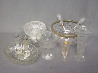 A cut glass salad bowl with plated mounts and a pair of servers,  other glassware etc