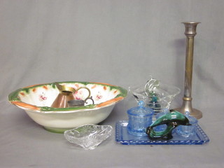 A green and floral patterned pottery wash bowl 17", a blue glass dressing table set, glass bowl, pewter goblet etc