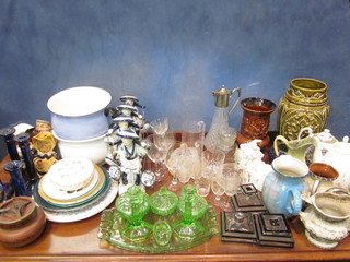 A brown glazed jug, a green glazed jug, a glass claret jug and stopper, 4 Toby jugs, an Art Deco style dressing table set,  various decorative ceramics etc, etc,