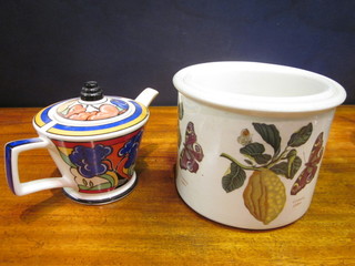 A Clarice Cliff style Sadler teapot 3" and 2 Port Meirion  Botanical Garden pattern jardinieres 7" and 6"