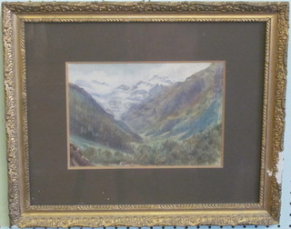 A 19th Century watercolour drawing "Alpine Scene with Mountains and Valley" 6 1/2" x 9 1/2" contained in a gilt frame