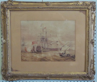 18th Century watercolour drawing "Naval Vessel" 8 1/2" x 9",  labelled to reverse