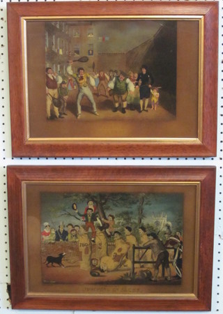 A pair of reproduction 19th Century coloured prints "Rackets  Kings Bench and Jumping in Sacks" 10" x 14"