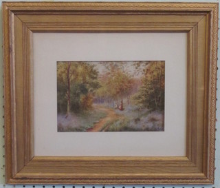 A L E, Victorian watercolour "Woodland Glade with Figures" monogrammed, 5" x 7 1/2"