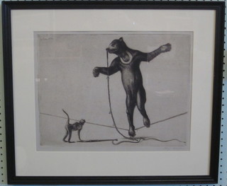 Raif Mullins, 1915, etching "The Bear Tightrope Walker, Being Instructed by a Monkey", signed, 12" x 16"