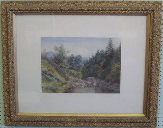 J S Cooper, watercolour "Rocky River Scene with Hills in  Distance" 9" x 13"