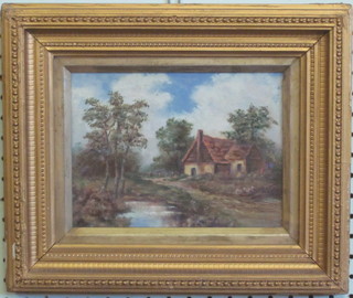 19th Century oil on board "Country Cottage with Pond" 5" x 7  1/2"
