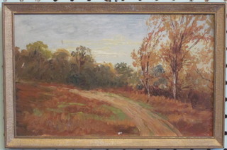 Ernest Christie, impressionist oil on board "Autumn Scene Reigate 1873" 5 1/2" x 9"