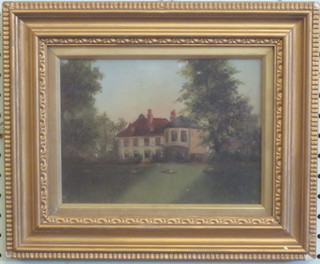 M E, Victorian oil on board "Country House" monogrammed 5  1/2" x 7 1/2"
