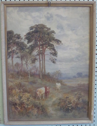 Watercolour "Country Scene with Trees and Standing Cattle" 19"  x 13 1/2", indistinctly signed