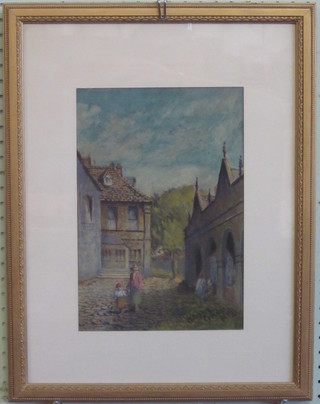 H Phipps Denison, gouache drawing "Lady and Child Walking in Chipping Camden" 12" x 8"