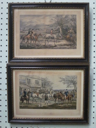A pair of 19th Century coloured hunting prints "The Meet and  Returning Home" 6" x 8 1/2" contained in a Hogarth frame