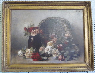 Seebeyl, oil on canvas, still life study "Basket of Roses" 18" x  24"  ILLUSTRATED
